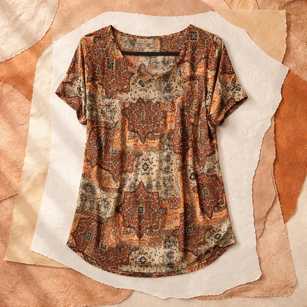 Roz & Ali Size 2x Woman U Neck Print Tie Sleeve Polyester Blouse